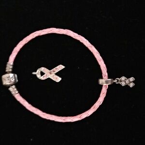 Pandora Pink Awareness Ribbon Bracelet and Additional Necklace or Bracelet Charm